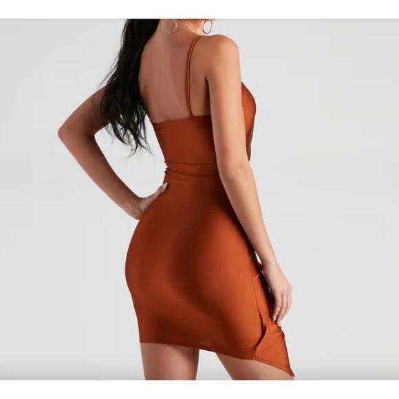 Windsor M Copper Silky Satin Faux Wrap Asymmetrical Spaghetti Strap Mini Dress - Picture 3 of 8